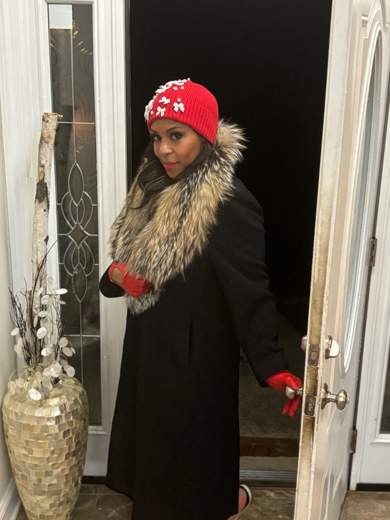 Red Beanie with White Bows and Scattered Pearls