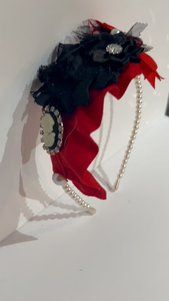 Pearl base Black Floral, Cameo and Red Ruffle Headband.
