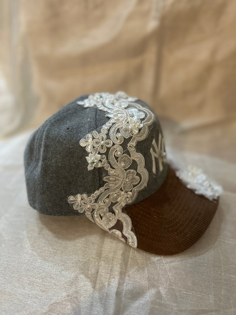 Grey and Tan NY Yankees with Lace and Floral Detail on Brim