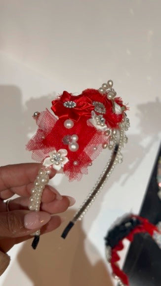Embellished Red and White Pearl Headband