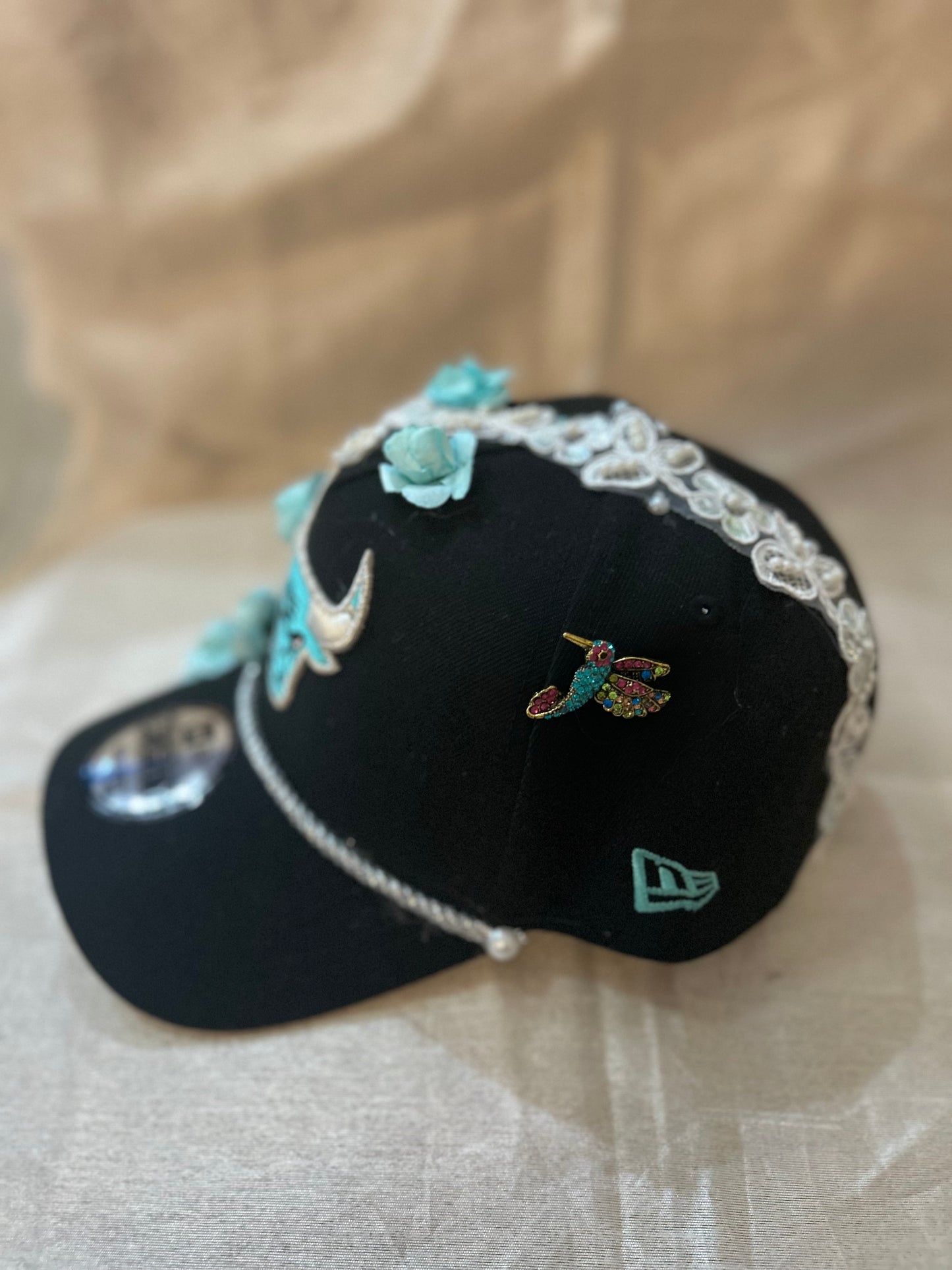Exclusive Turquoise and Silver on Black Bulls Snapback with Floral Accents