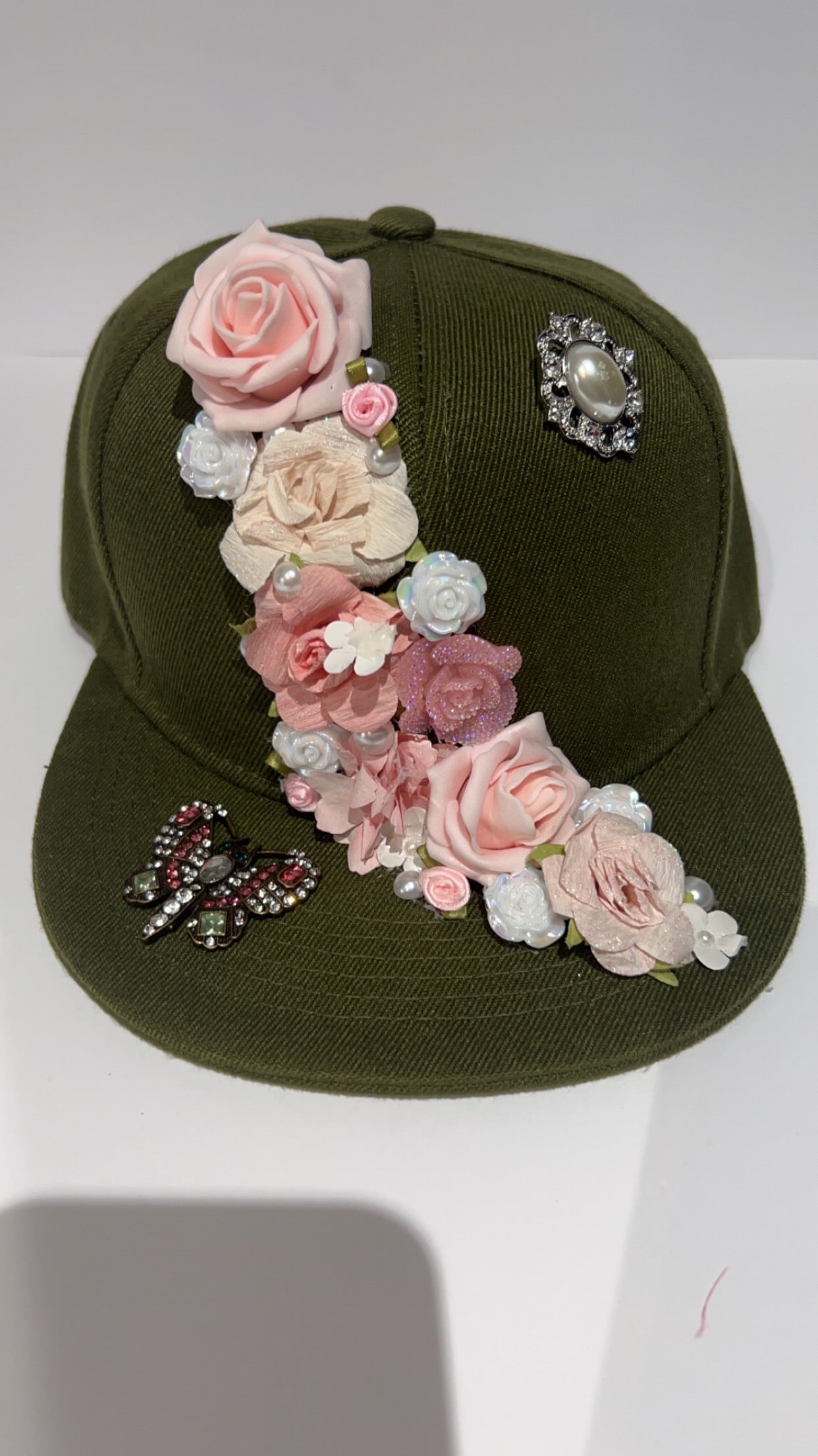 Pink floral cascade on Army Green Plain Snapback (brooch optional)