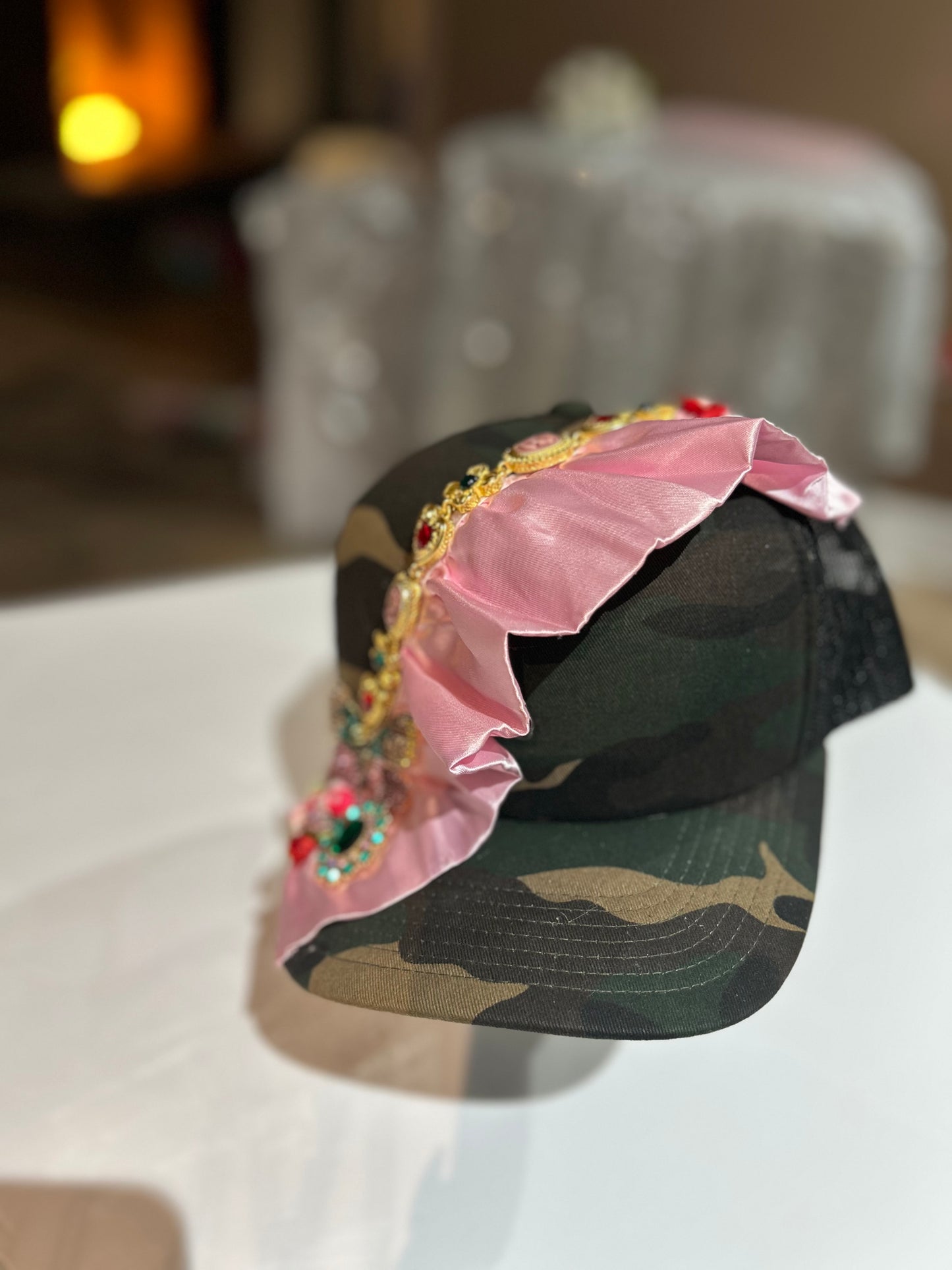 Camoflage Trucker Snapback with Ruffle and Vintage Jeweled Detail