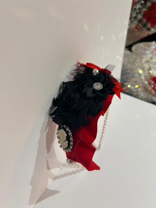 Pearl base Black Floral, Cameo and Red Ruffle Headband.