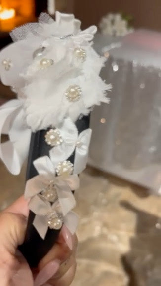 White Bow and Floral Headband with Pearls