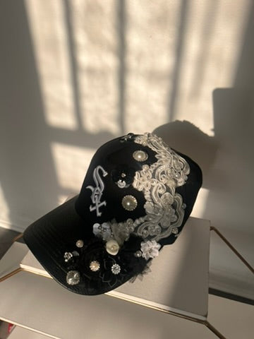 Embellished Black and White Sox Cap, Leather Brim