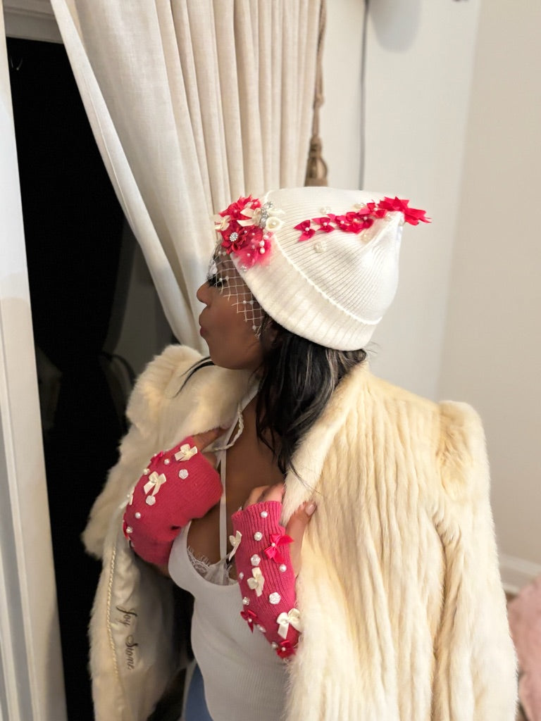 Cream/Off White Beanie with Hot Pink Bows, Floral Detail and Netting