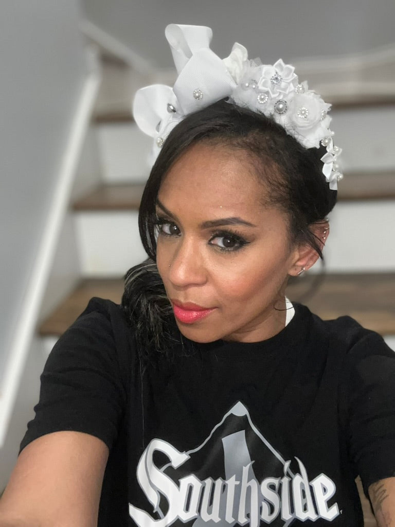 White Bow and Floral Headband with Pearls