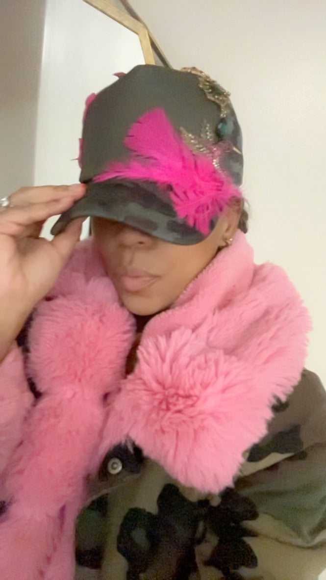 Camo Trucker with Hot Pink feathers, bows and brooches