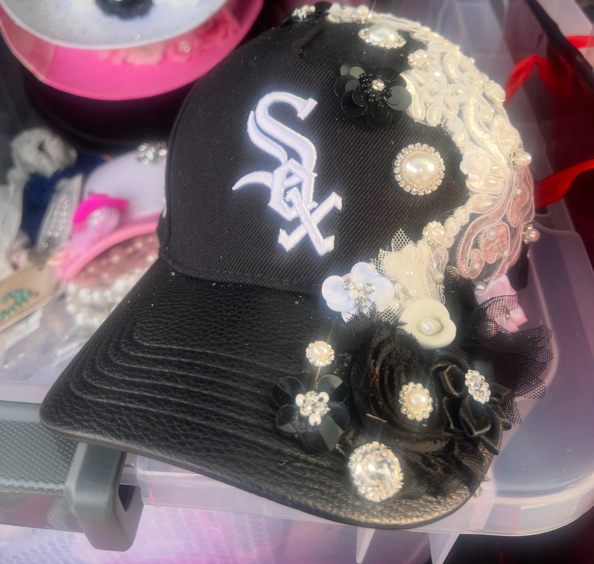 Embellished Black and White Sox Cap, Leather Brim