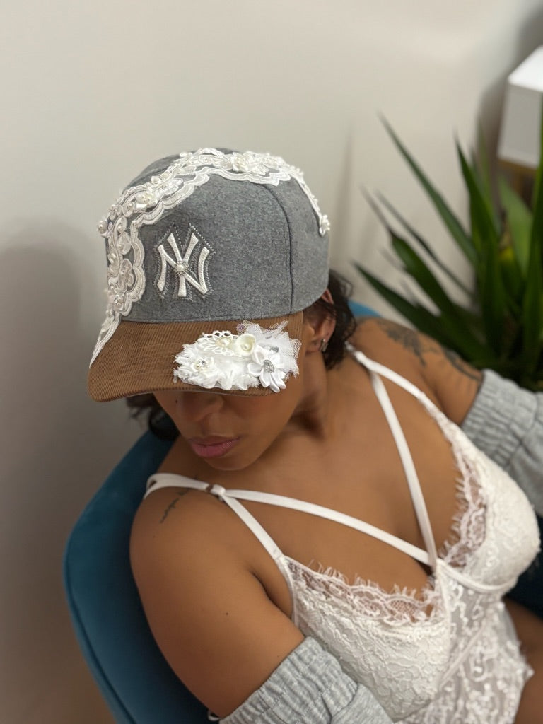 Grey and Tan NY Yankees with Lace and Floral Detail on Brim