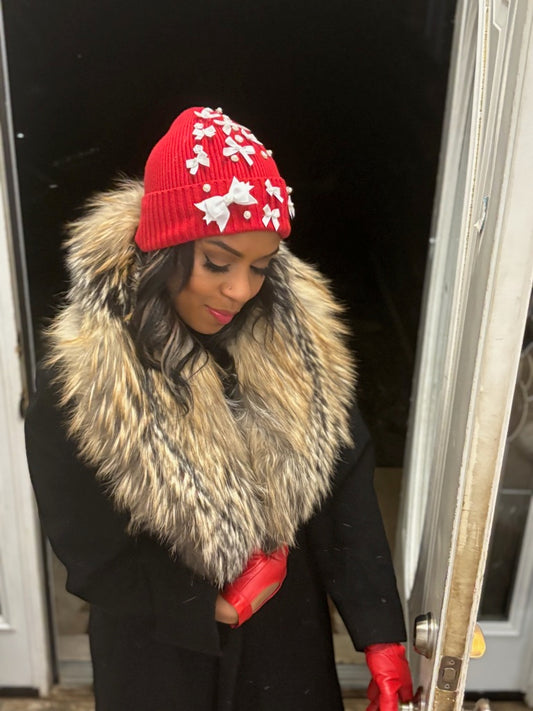Red Beanie with White Bows and Scattered Pearls