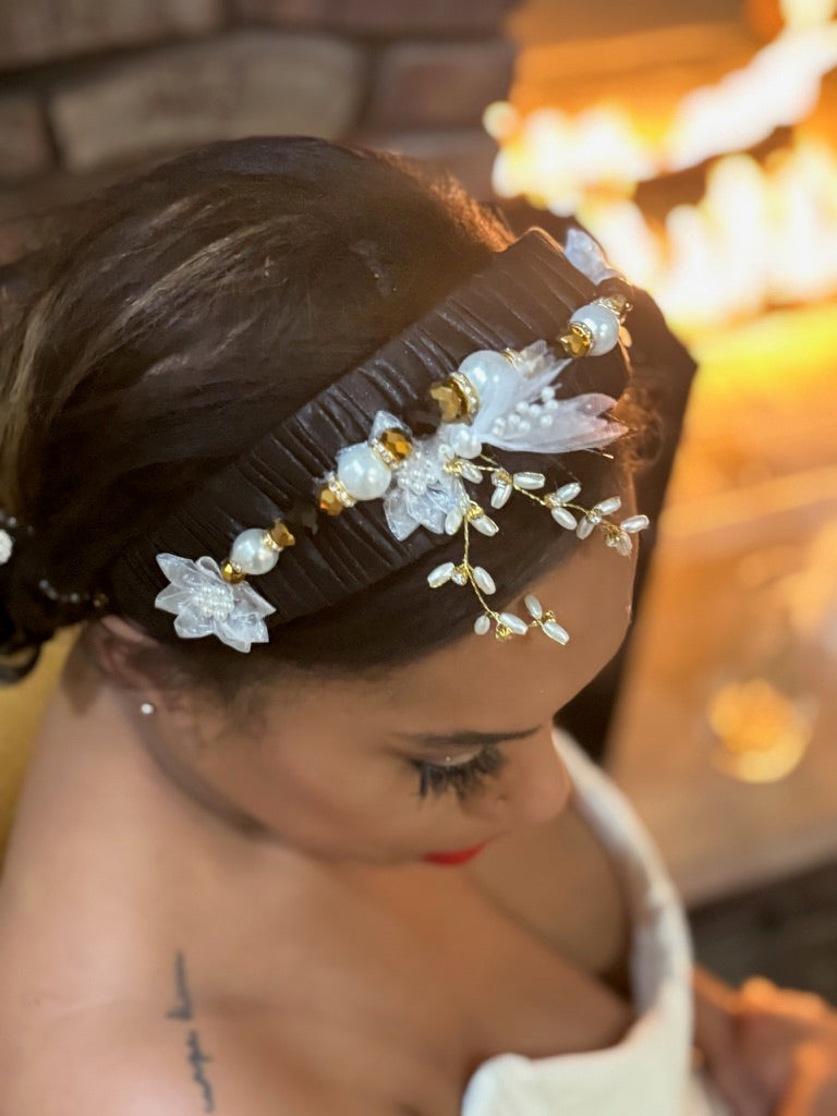 Black, White and Gold Wide Headband with Bead, Floral and Pearl Detail