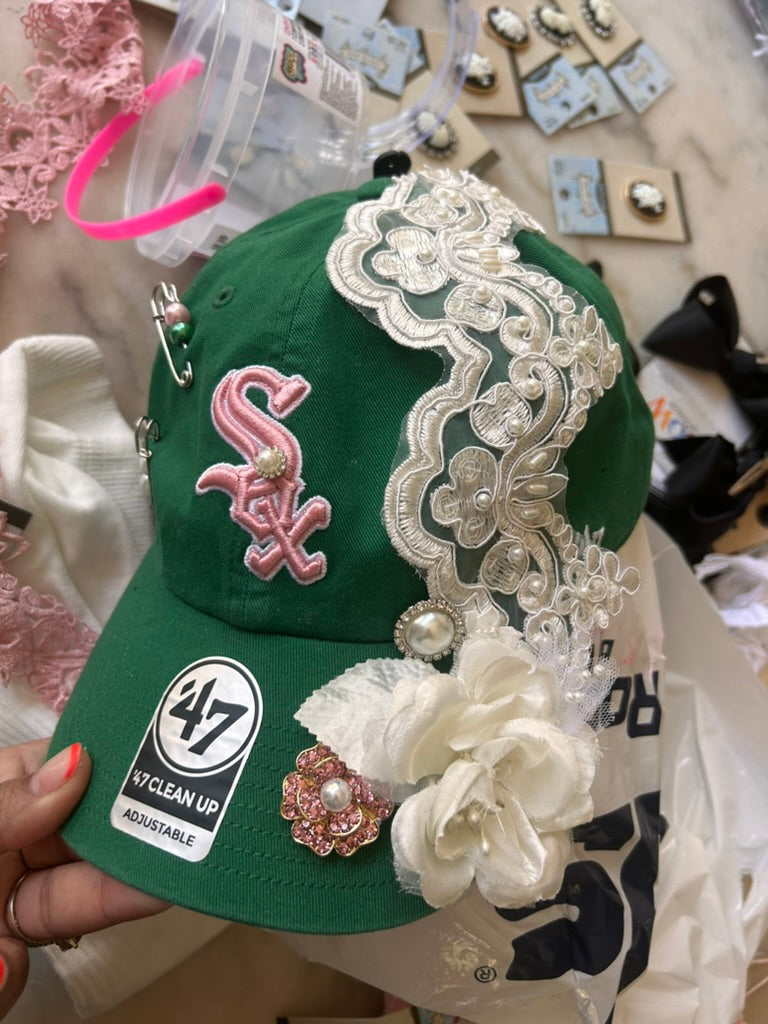 Embellished Green White Sox Snapback with Pink Logo