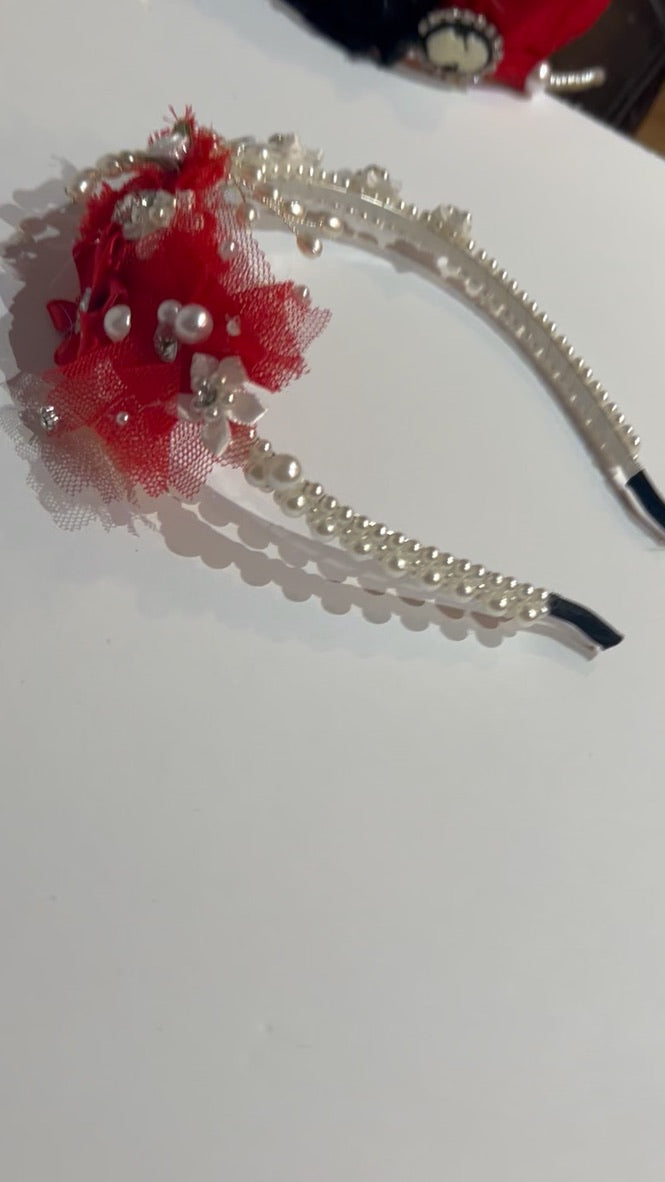Embellished Red and White Pearl Headband