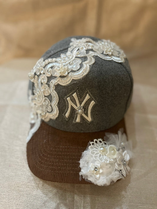 Grey and Tan NY Yankees with Lace and Floral Detail on Brim