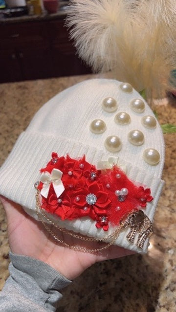 Red and White Off White Pearl and Floral Beanie w/Brooch- Greek inspired!