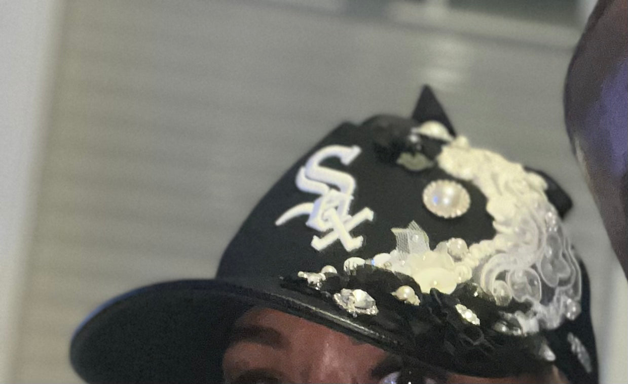 Embellished Black and White Sox Cap, Leather Brim