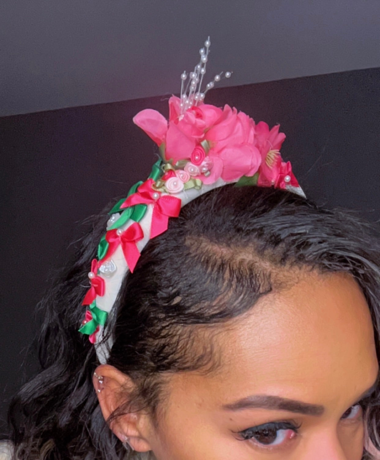 Pink and Green Bow and Floral headband