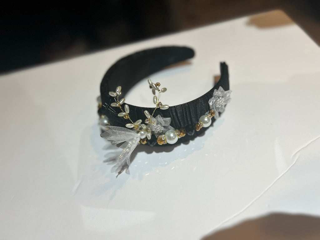Black, White and Gold Wide Headband with Bead, Floral and Pearl Detail