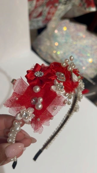 Embellished Red and White Pearl Headband