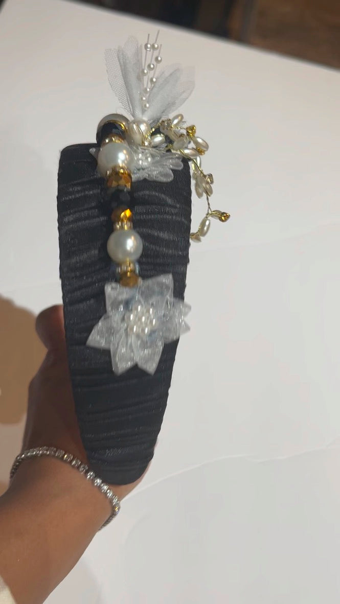 Black, White and Gold Wide Headband with Bead, Floral and Pearl Detail