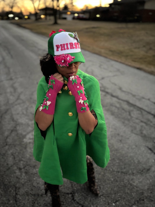 Fingerless Gloves- Pink, White and Green