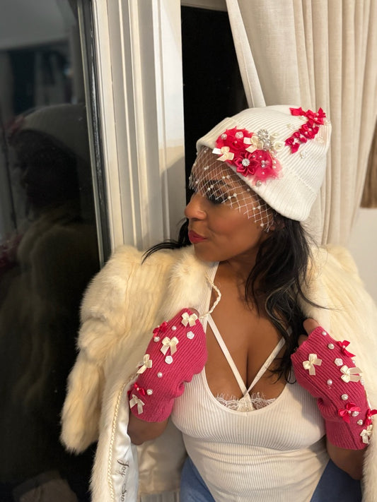 Cream/Off White Beanie with Hot Pink Bows, Floral Detail and Netting
