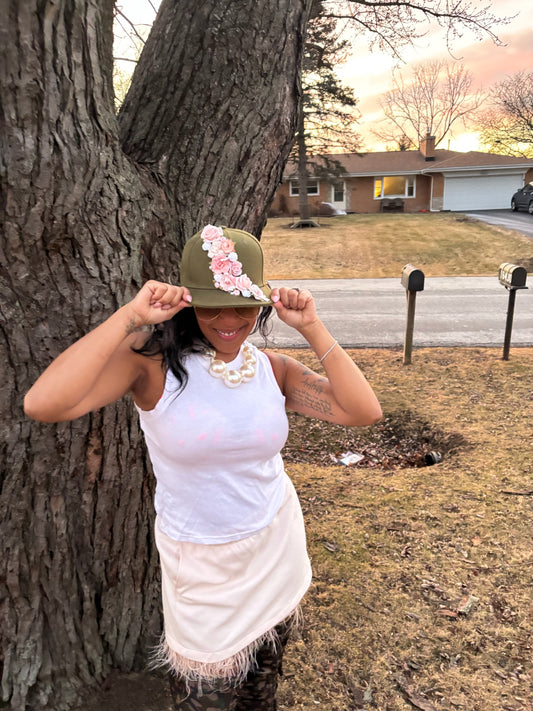 Pink floral cascade on Army Green Plain Snapback (brooch optional)