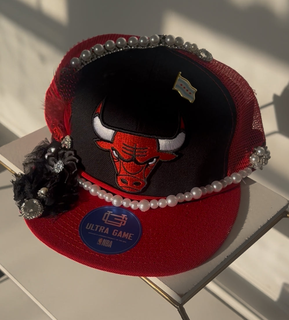 Pearl and Floral Embellished Red and Black Bulls Mesh Snapback w/ Chi Flag Pin