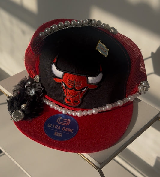 Pearl and Floral Embellished Red and Black Bulls Mesh Snapback w/ Chi Flag Pin
