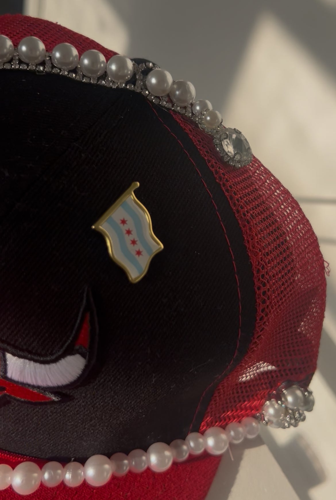 Pearl and Floral Embellished Red and Black Bulls Mesh Snapback w/ Chi Flag Pin