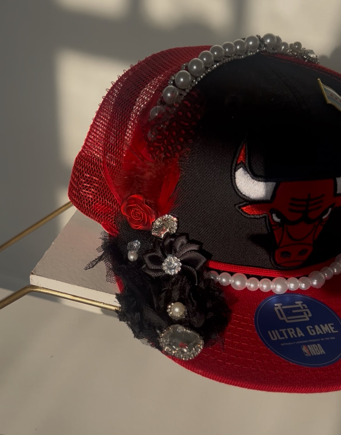 Pearl and Floral Embellished Red and Black Bulls Mesh Snapback w/ Chi Flag Pin