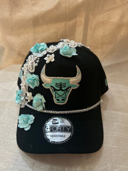 Exclusive Turquoise and Silver on Black Bulls Snapback with Floral Accents