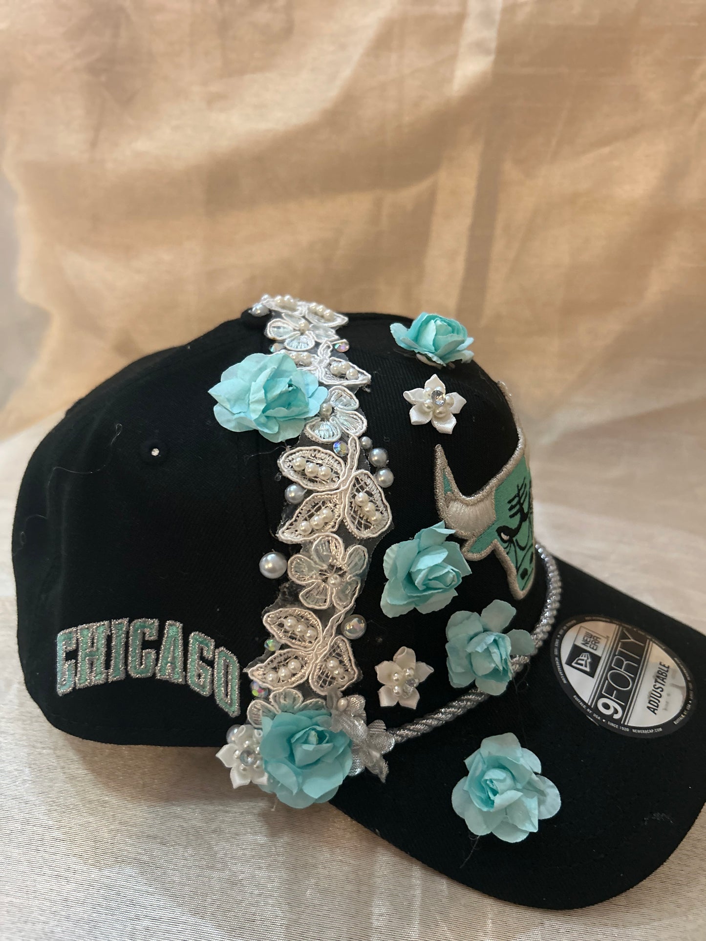Exclusive Turquoise and Silver on Black Bulls Snapback with Floral Accents