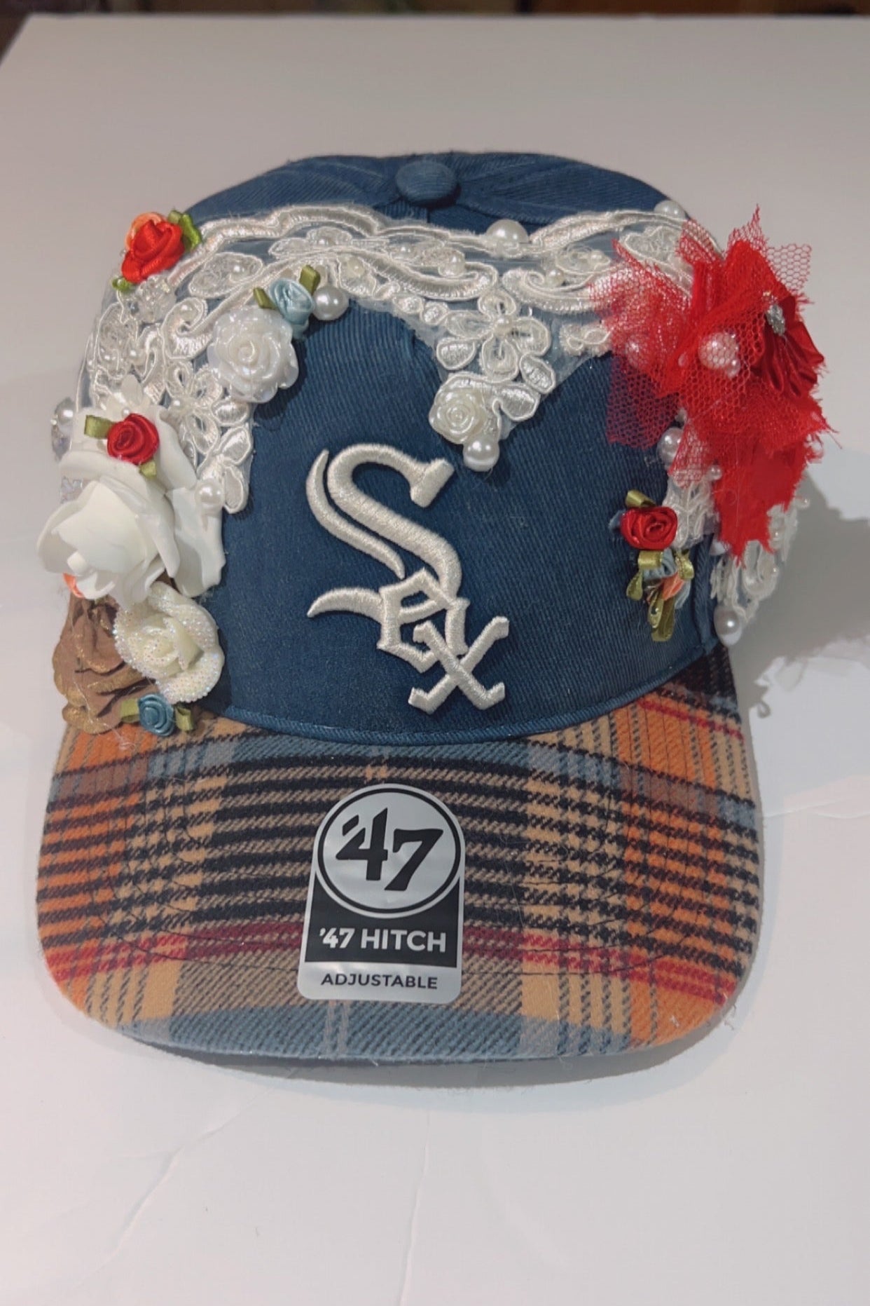 Ornately Embellished Denim and Tweed Plaid White Sox Snapback