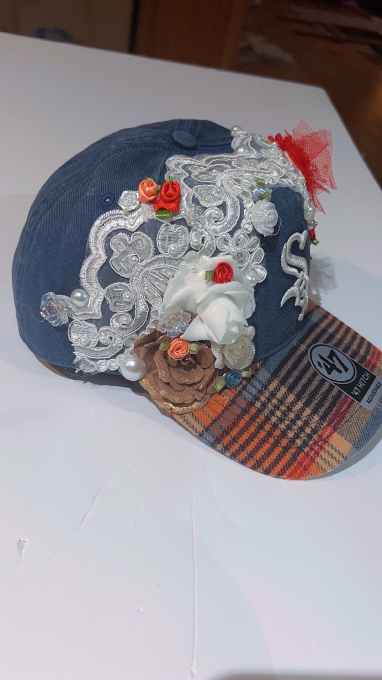Ornately Embellished Denim and Tweed Plaid White Sox Snapback