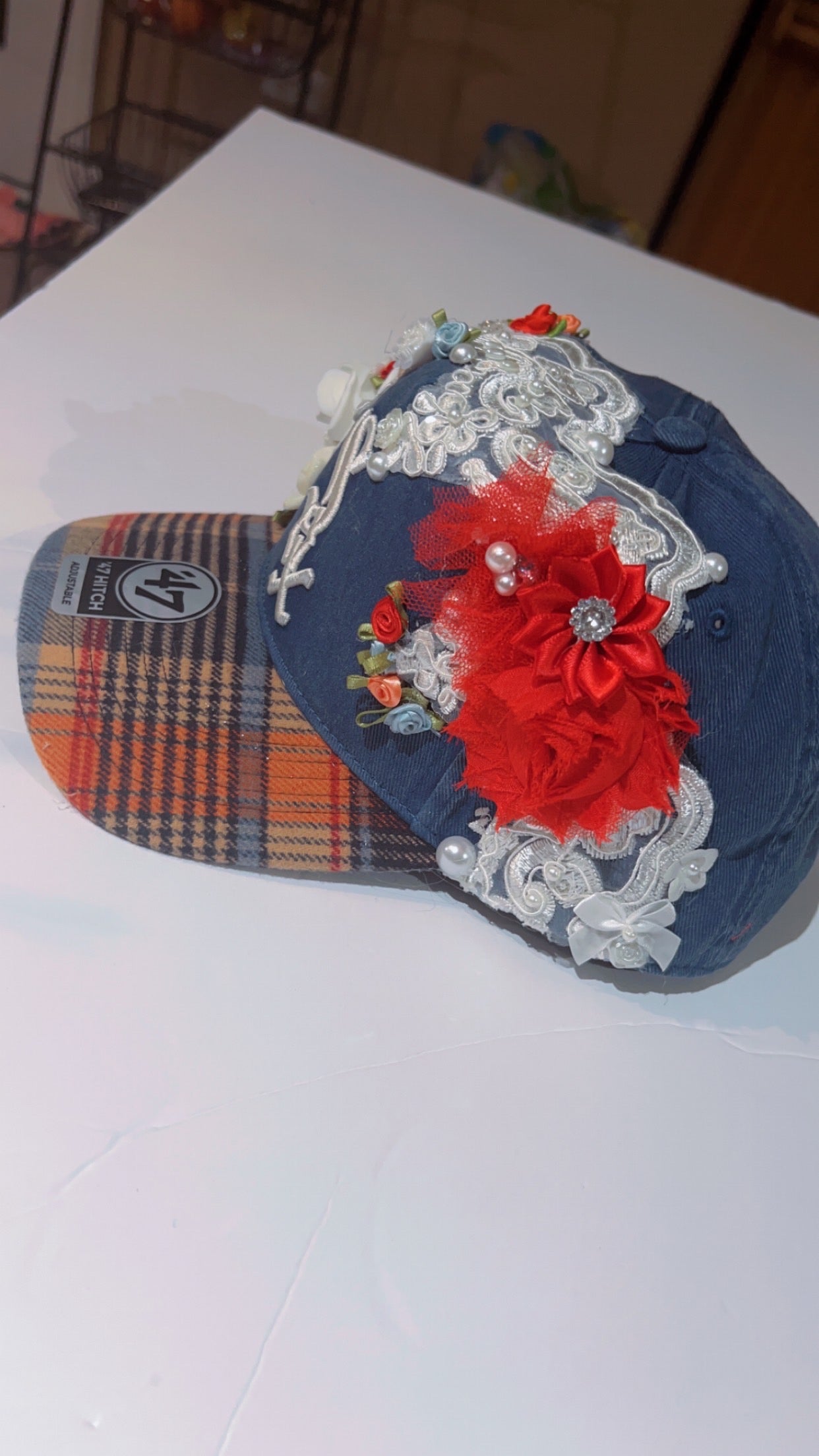 Ornately Embellished Denim and Tweed Plaid White Sox Snapback