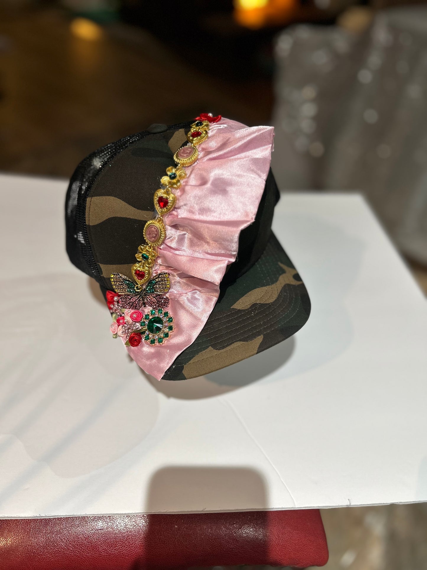 Camoflage Trucker Snapback with Ruffle and Vintage Jeweled Detail