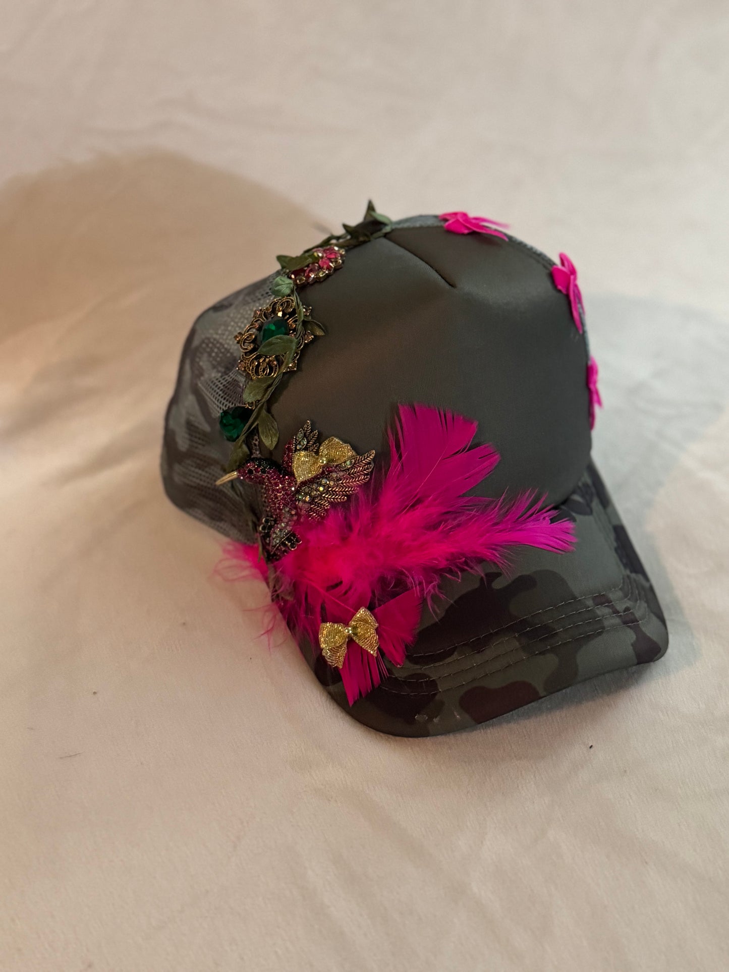Camo Trucker with Hot Pink feathers, bows and brooches
