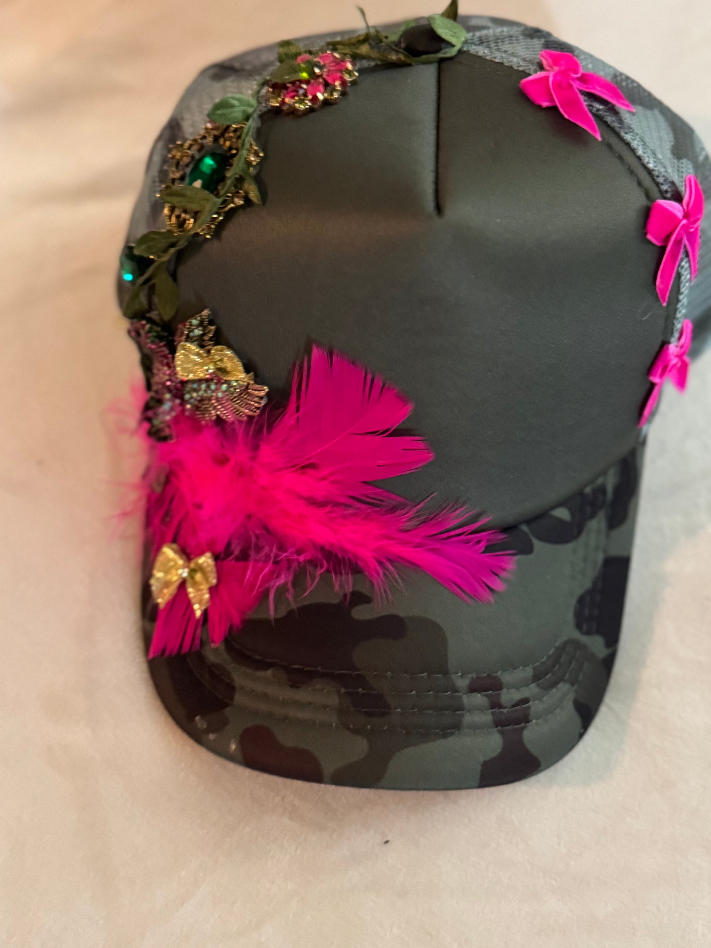 Camo Trucker with Hot Pink feathers, bows and brooches