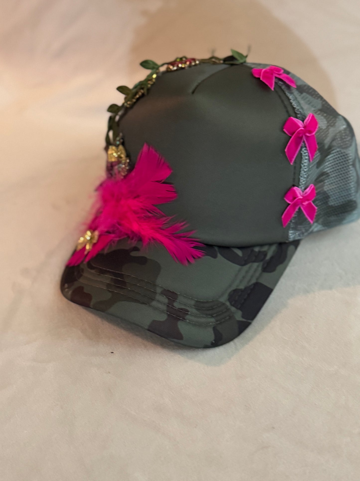 Camo Trucker with Hot Pink feathers, bows and brooches