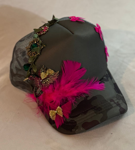 Camo Trucker with Hot Pink feathers, bows and brooches