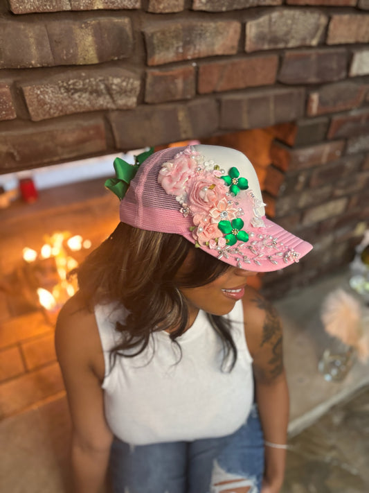 Pink and Green Floral Trucker Cap- with or without letters