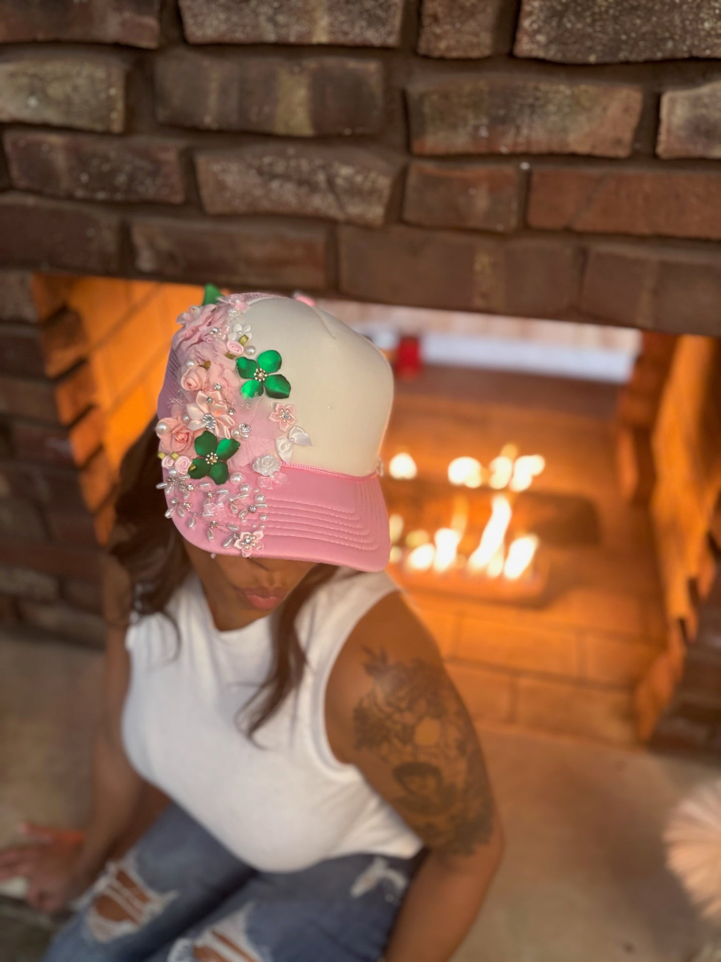 Pink and Green Floral Trucker Cap- with or without letters