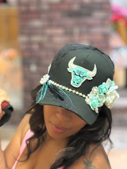 Exclusive Black with Turquoise and Silver Bulls Snapback Cap